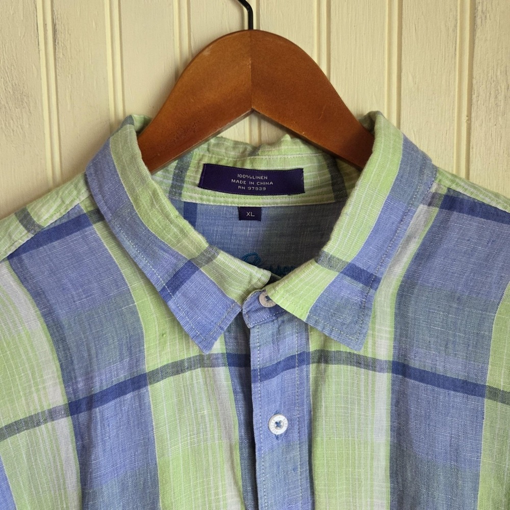 Alan Flusser Shirt Mens XL Blue Green Plaid 100% Linen Short Sleeve Button-Up